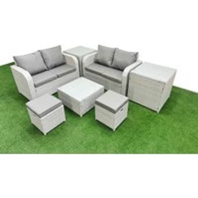 Fimous - 6 Seater Outdoor Love Sofa Set Rattan Garden Furniture Set with Square Coffee Table 2 Small Stools 2 Side Tables Light Grey