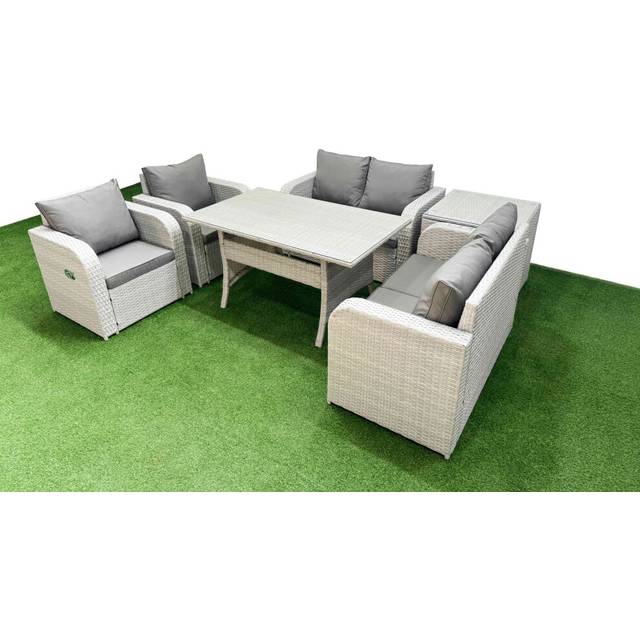 Fimous 6 Seater Outdoor Reclining Chair Love Sofa Set Rattan Garden Furniture Set withSide Table Light Grey
