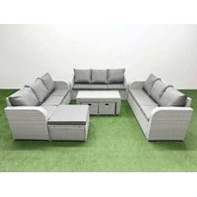 Fimous PE Rattan Lounge Sofa Set 12 Seater Outdoor Garden Furniture Set with3 Seater Sofa 3 Stools Light Grey