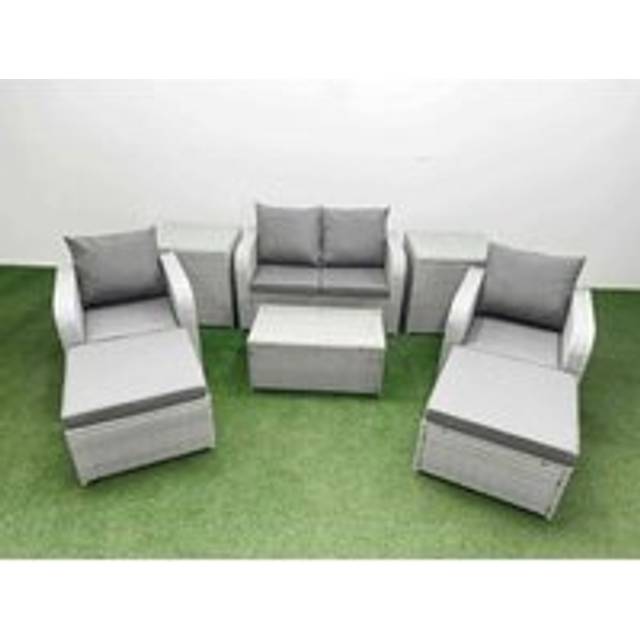 Fimous PE Wicker Rattan Garden Furniture Set Sofa Set Reclining Adjustable Chair Rectangular Coffee Table 6 Seater 3 Big Stools 3 Side Table