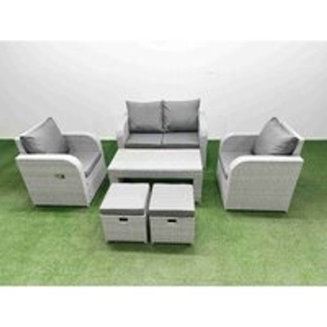 Fimous Light Grey PE Wicker Rattan Garden Furniture Set Sofa Set Reclining Adjustable Chair  6 Seater 2 Small Stools