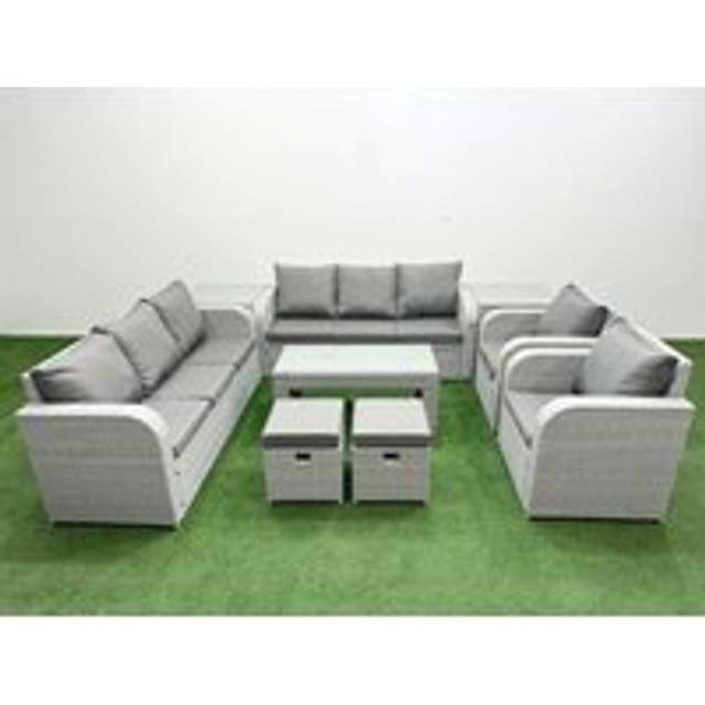 Fimous PE Rattan High Back Lounge Sofa Set Patio Oblong Coffee Table & Chairs Set with Stools 2 Side Table Light Grey