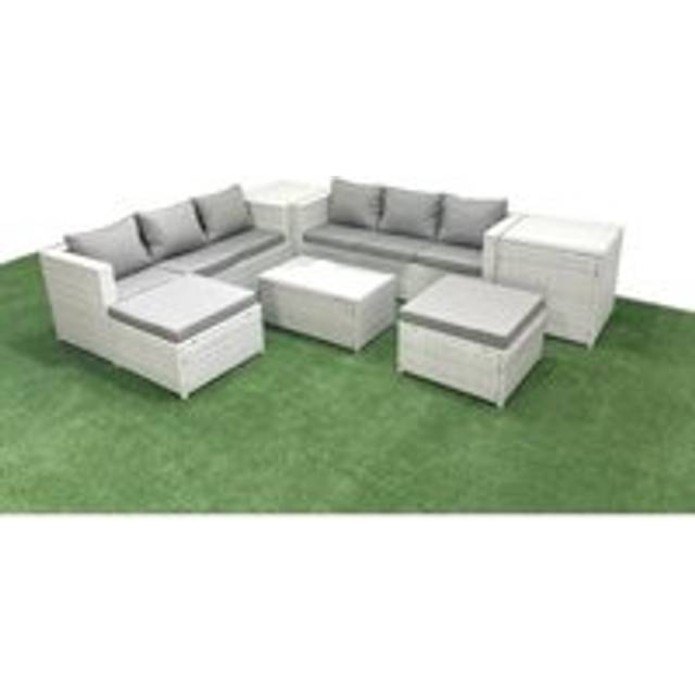 Fimous Garden Outdoor PE Rattan Furniture Set 8 Seater Rattan Garden Sofa Set with 2 Big Footstools 2 Side Tables Light Grey Mixed