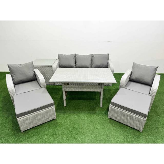 Fimous PE Rattan Garden Furniture Set Reclining Chair Sofa Lounge Sofa Set Rectangular Dining Table Side Table 2 Big Footstool Light Grey