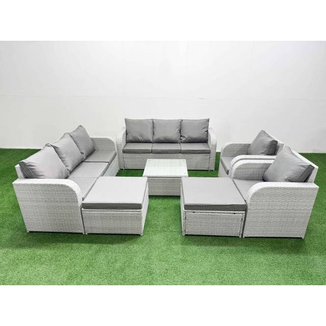 Fimous PE Rattan High Back Lounge Sofa Set Patio Square Coffee Table & Chairs Set with Reclining Chair 2 Big Footstool Light Grey