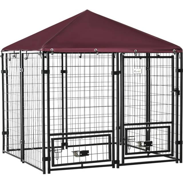 PawHut Dog Kennel with Rotating Bowl Holders - Red - 19 x 71.5 x 130cm