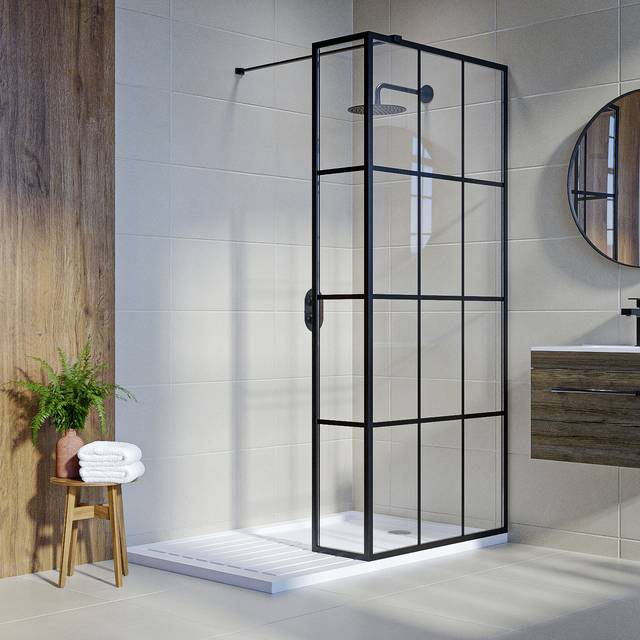 1000mm Black Grid Shower Screen for Wet Room & Walk In Shower with 300mm Fixed Panel- Nova