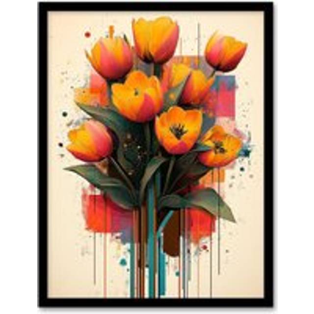 Tulip Bouquet Modern Floral Abstract Painting Framed Art Print - Orange - W12 inch x H16 inch