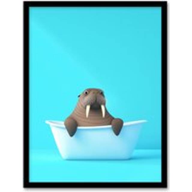 Cute Cartoon Walrus in Bathtub Bath Time Vibrant Framed Art Print - Blue - W12 inch x H16 inch