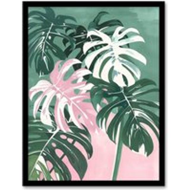 Plant Lover Monstera Leaves Green Pink Botanical Framed Art Print - W12 inch x H16 inch