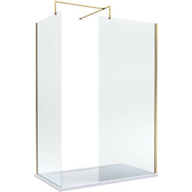 8mm Glass Walk In Wetroom Screens with Brushed Brass Profile and White Shower Tray - 1400 x 800mm