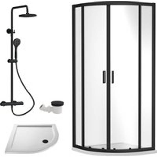 Ruwa Shower Enclosure Bundle - Quadrant Enclosure, Tray, Round Shower Kit & Waste - White/Black- 800mm - Balterley