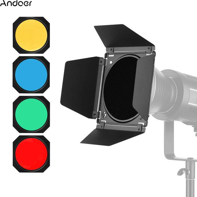 Andoer Photography Light Barn Door Barndoor Kit with Honeycomb Grid 4pcs Color black