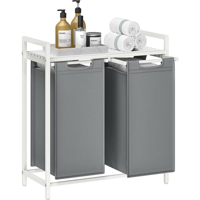 Vasagle tvättkorg, 2 fack, Oxford -tygtvättpåse, utdragbar, avtagbar, metallram, 2 x 46 l, vit/ljusgrå