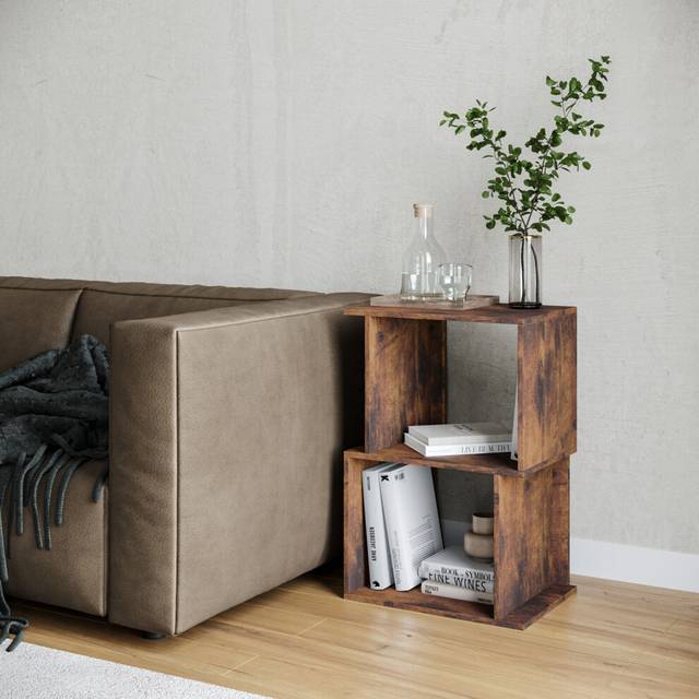 (Rustic Brown, 40cm) 2 Tier Modern Bookcase Irregular Storage Shelf Wooden Shelving Unit Display Organiser