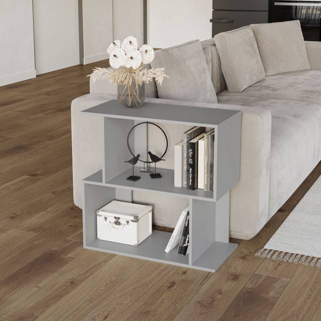 (Grey, 60cm) 2 Tier Modern Bookcase Irregular Storage Shelf Wooden Shelving Unit Display Organiser