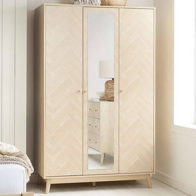 3 Door Oak Brown Wooden Wardrobe With Mirror Birlea Herringford