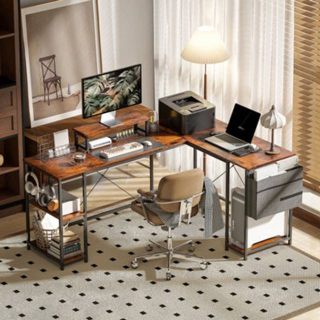 168cm Reversible l Shaped Desk, 240cm Two Person Desk, Rustic Brown - Homcom