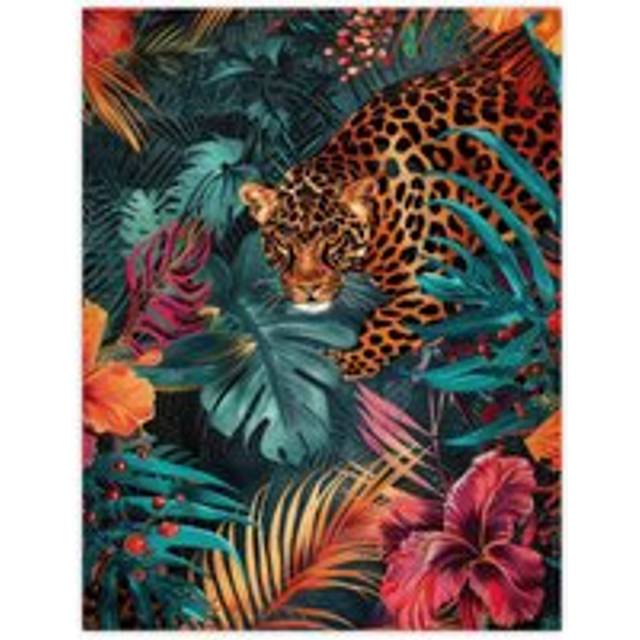 Wall Art Print Fierce Leopard Exotic Floral Jungle Plants Poster - Multi - W12 inch x H16 inch