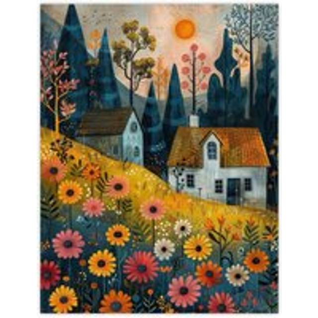 Wall Art Print Countryside Spring Hill House Daisy Flowers Poster - Multi - W12 inch x H16 inch