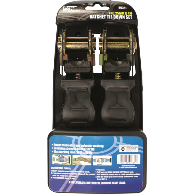 Black 4m Ratchet Tie Down Straps - Pack of 2