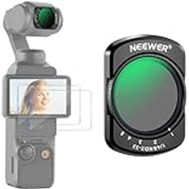 NEEWER Variabel ND2-32 och 1/4 svart diffusionsfilter kompatibel med dji Osmo Pocket 3, action-CAM-tillbehör med neutral densitet filter med 2 skärmskydd i härdat glas, HD optiskt glas