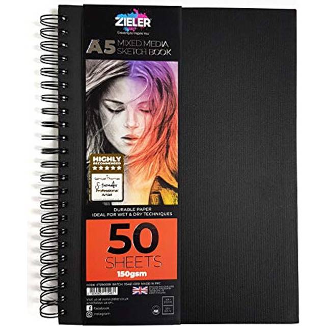Hardback Spiral Mixed Media Sketch Book â 150gsm 50 Sheets - by Zieler. Ideal for use with Pencils, Charcoal, Graphite, Pastels & Light