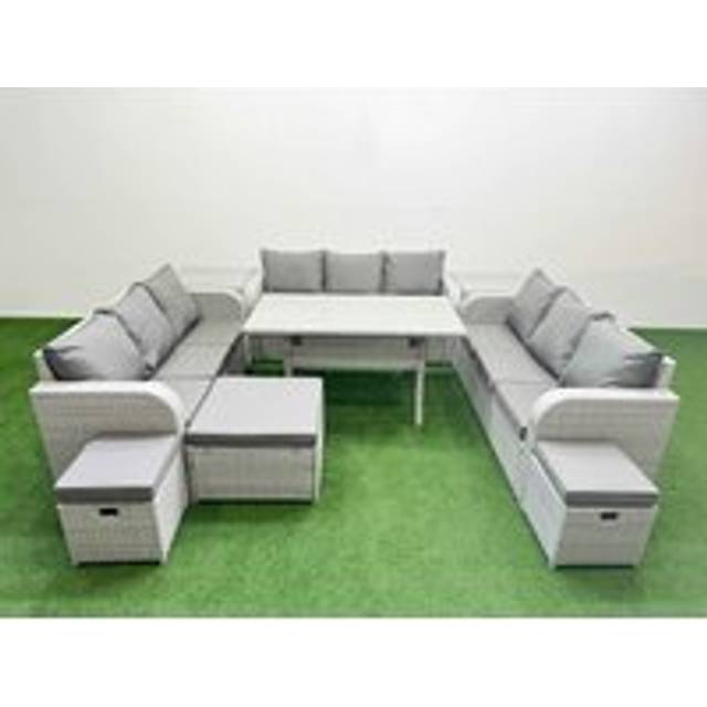 Fimous PE Rattan Lounge Sofa Set 12 Seater Outdoor Garden Furniture Set with Rectangular Dining Table 3 Stools 2 Side Table Light Grey