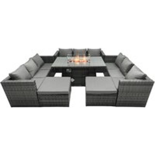 Fimous Rattan Garden Furniture Firepit Set Outdoor 11 Seater Patio Dining Sets with Glass Top Dining Table