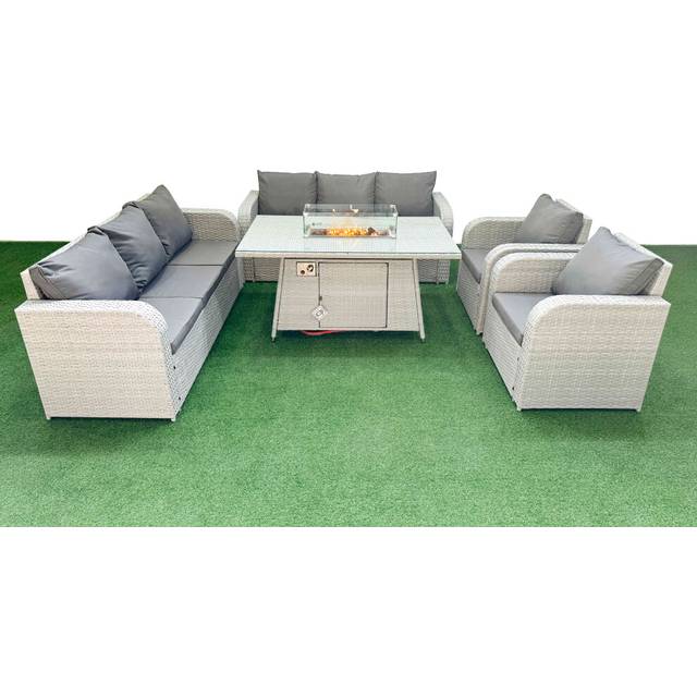 Pe Rattan High Back Lounge Sofa Set Patio Firepit Dining Table & Chairs Set with 3 Seater Sofa Reclining Chair Light Grey - Fimous