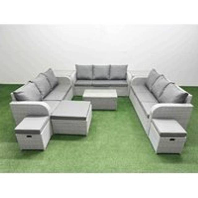 Pe Rattan Lounge Sofa Set 12 Seater Outdoor Garden Furniture Set with Rectangular Coffee Table 3 Seater Sofa 3 Stools 2 Side Table Light Grey - Fimous