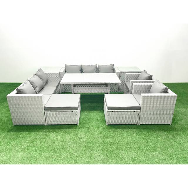 Rattan Garden Furniture Set Outdoor 8 Seater Patio Dinin g Sofa Sets with Dining Table 2 Chairs 2 Side Tables 2 Big Footstools Light Grey Mixed
