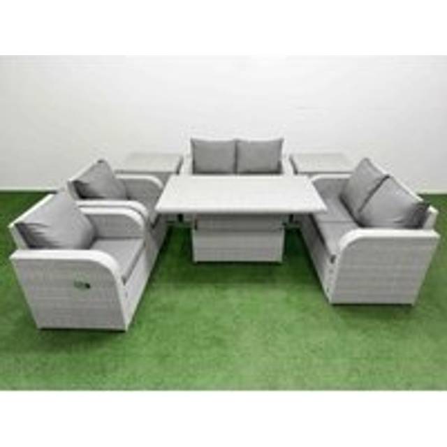 2 Love Sofas With 2 Reclining Chairs, Adjustable Lifting Dining Table & 2 Side Tables | Wowcher - Grey