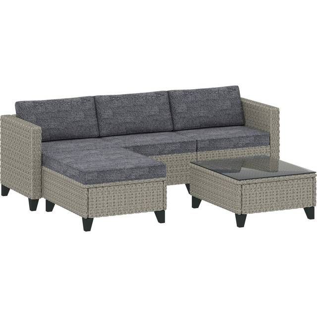 Outsunny 5 PCs Rattan Garden Furniture Set With Glass Coffee Table Dark Grey | TJ Hughes