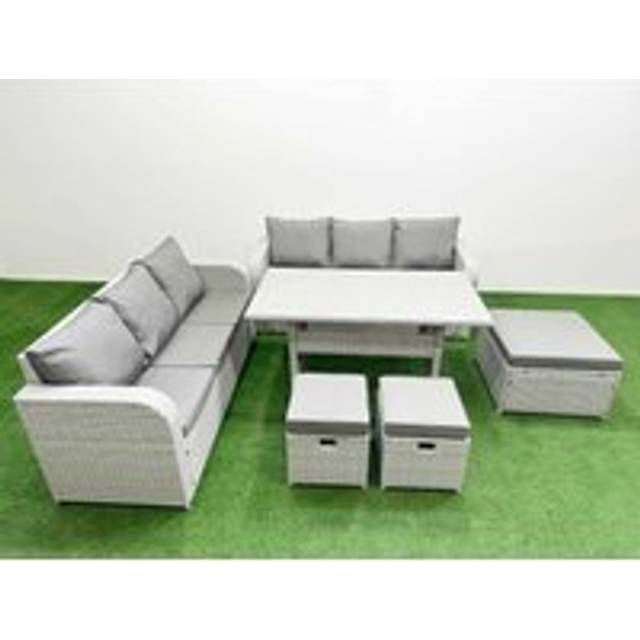 9 Seater Rattan Garden Furniture Set with Dining Table Chair 2 Stools - Light Grey - One Size