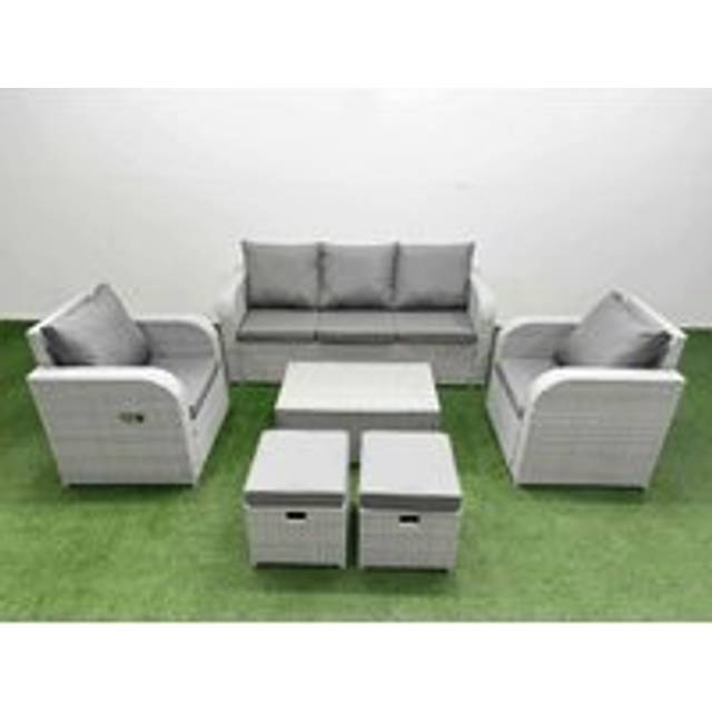 PE Rattan Garden Furniture Set Reclining Chair Sofa Lounge Sofa Set Oblong Coffee Table 2 Small Stools Light Grey - One Size