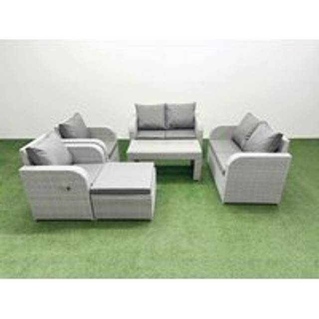 Fimous 7 Seater Outdoor Reclining Chair Love Sofa Set Rattan Garden Furniture Set with Oblong Coffee Table Footstool Light Grey