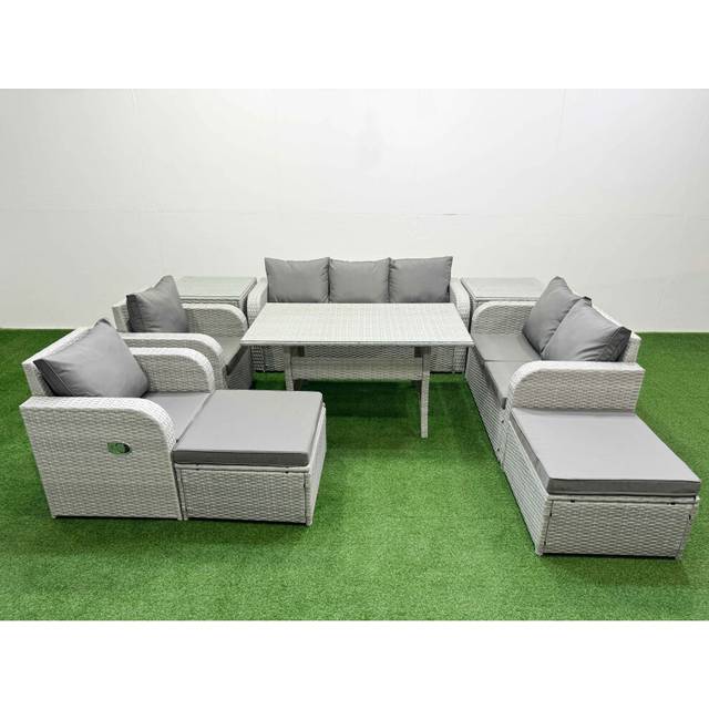 Fimous PE Rattan Garden Furniture Set Reclining Chair Sofa Double Love Seat 2 Seater Sofa Lounge Set 2 Big Footstool 2 Side Table Light Grey
