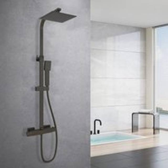 Bathroom Exposed Valve Thermostatic Mixer Shower Set Square Black Twin Head - Acezanble
