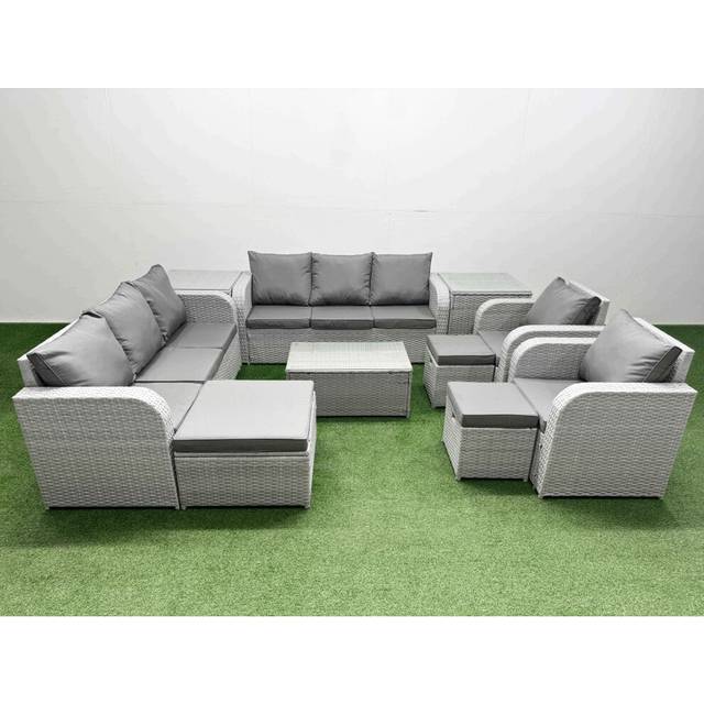 PE Rattan High Back Lounge Sofa Set Patio Coffee Table & Chairs Set with 3 Seater Sofa Reclining Chair 3 Stools 2 Side Table Light Grey - One Size
