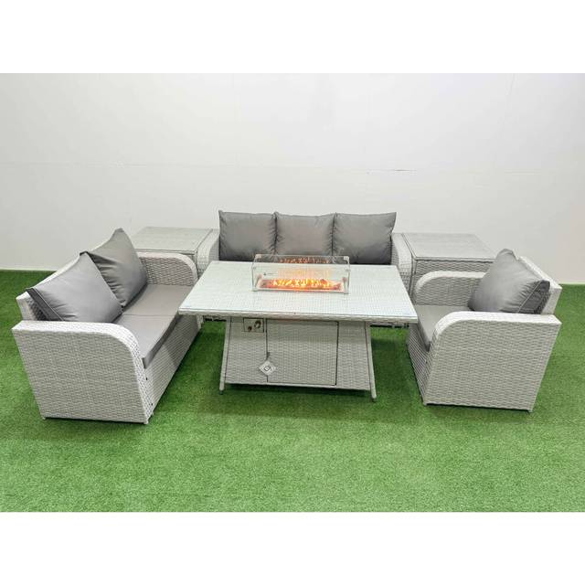 Loveseat Sofa With Reclining Chair, 3 Seater Sofa, Firepit Dining Table & 2 Side Tables | Wowcher - Grey