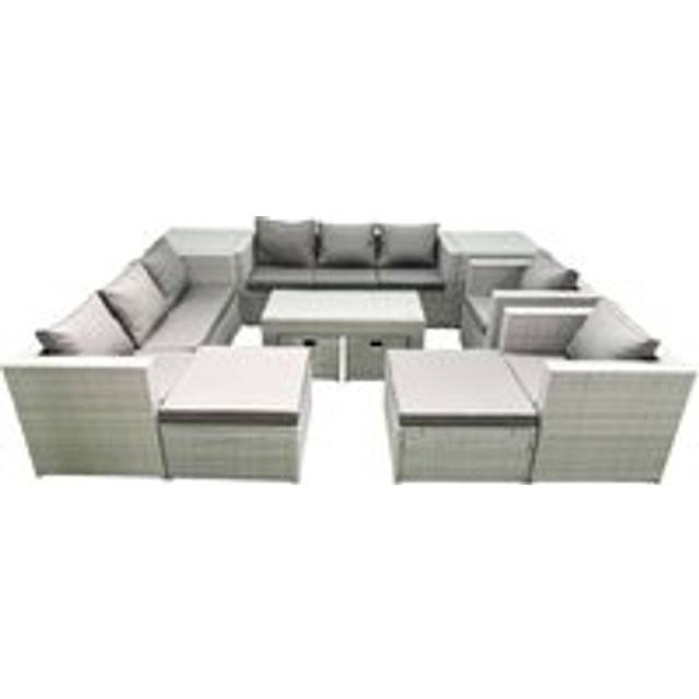 Fimous Rattan Garden Furniture Set Outdoor Lounger Sofa with Coffee Table 4 Footstools 2 Side Tables Light Grey Mixed 12 Seater