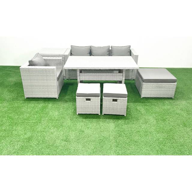 Fimous Rattan Garden Furniture Dining Set 7 Seater Lounge Sofa Chair Dining Table Set with 3 Footstools Side Table Light Grey Mixed