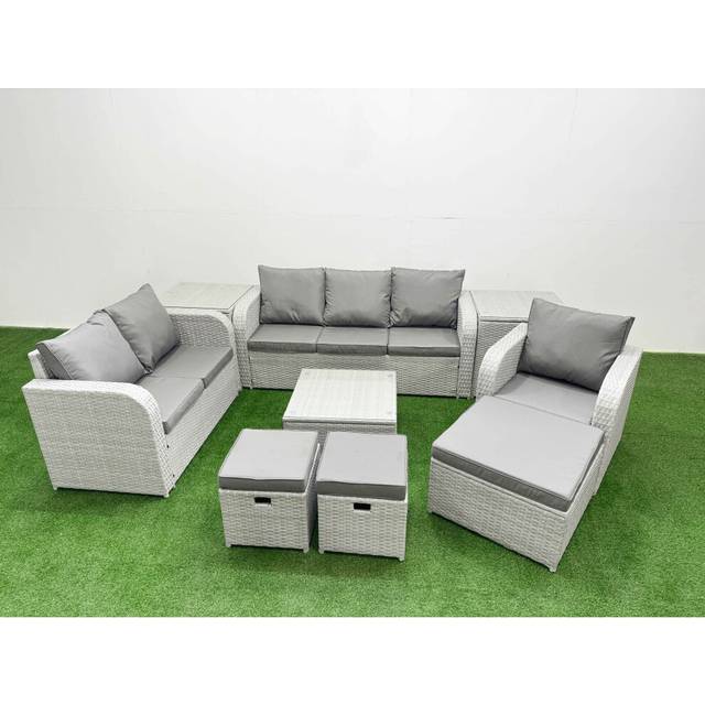 Patio pe Wicker 9 Seater Outdoor Rattan Furniture Sofa Sets with Square Coffee Table Reclining Chair Loveseat Sofa 3 Seater Sofa Stool 2 Side Table