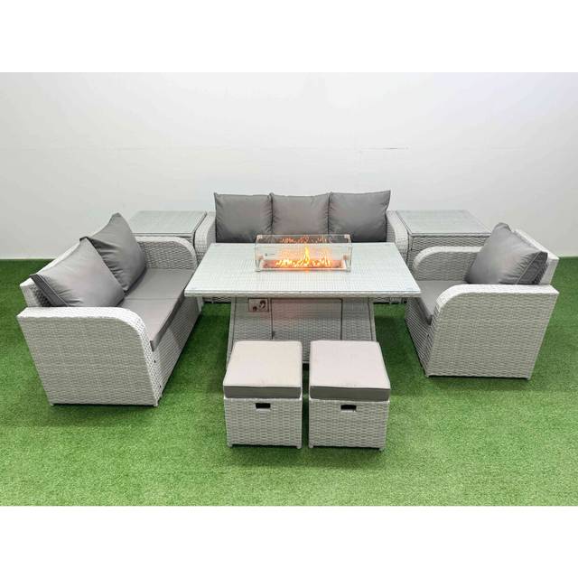 Loveseat Sofa With Reclining Chair, 3 Seater Sofa, Firepit Dining Table, 2 Stools & 2 Side Tables | Wowcher - Grey