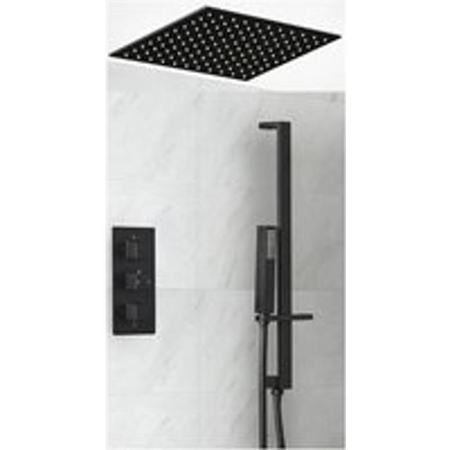 Preto - Modern 2 Outlet Triple Thermostatic Mixer Shower Valve with 400mm Ceiling Mounted Square Recessed Rainfall Shower Head and Hand Shower