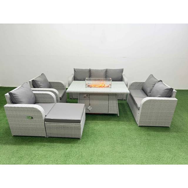 8-Seater Garden Sofa Dining Set Firepit Table & Reclining Chair | Wowcher - Grey
