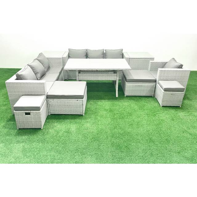 Fimous Rattan Garden Furniture Dining Set 11 Seater Lounge Sofa Chair Dining Table Set with 4 Footstools 2 Side Tables Light Grey Mixed