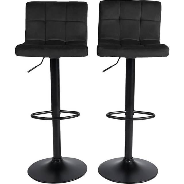 Adjustable Bar Stools x 2 Velvet Swivel Pub Seat Kitchen Breakfast Counter Chair - Black - One Size