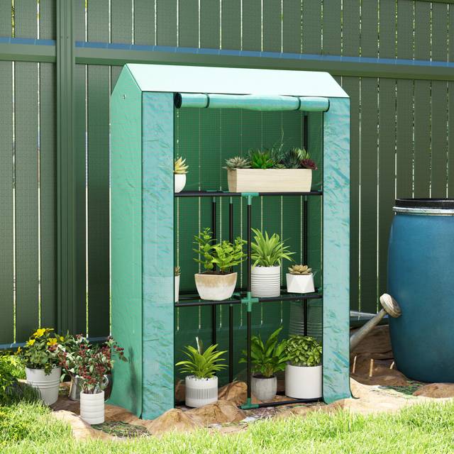 Outsunny 3 Tier Mini Greenhouse with Reinforced PE Cover, Portable Indoor Outdoor Greenhouse with Roll-up Door and Wire Shelves, 127H x 59W x 39D cm,